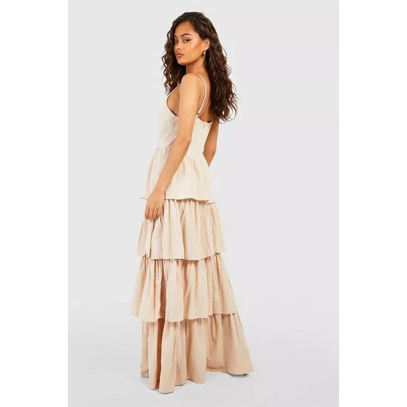 BOOHOO Dress Women 14 Beige V-neck Tiered Cotton Maxi Ruffle Layered Flounce NWT - Picture 3 of 9